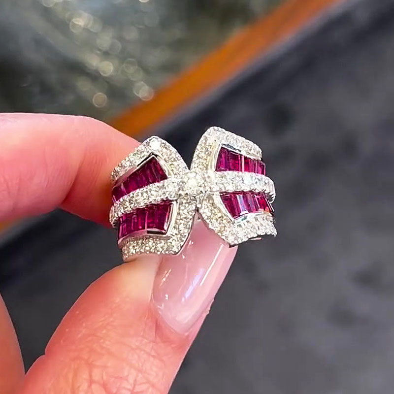 3.25ct Two Tone Baguette&Round Cut Ruby&Diamond Wedding Band