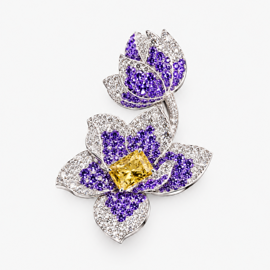 Original Design - Radiant Cut Yellow Sapphire Flower Brooch
