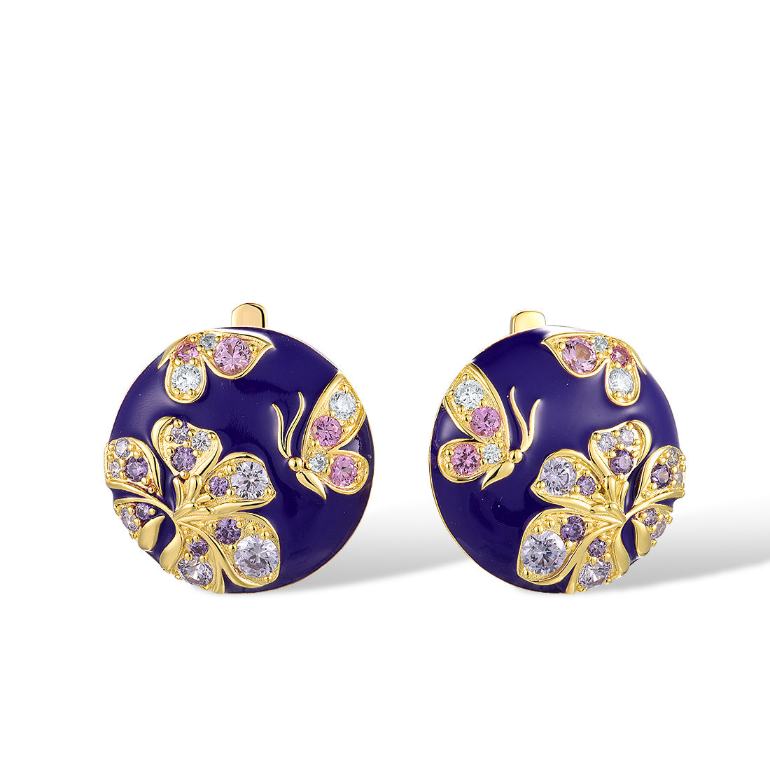 Blue Enamel Butterfly Flower Sapphire Stud Earrings