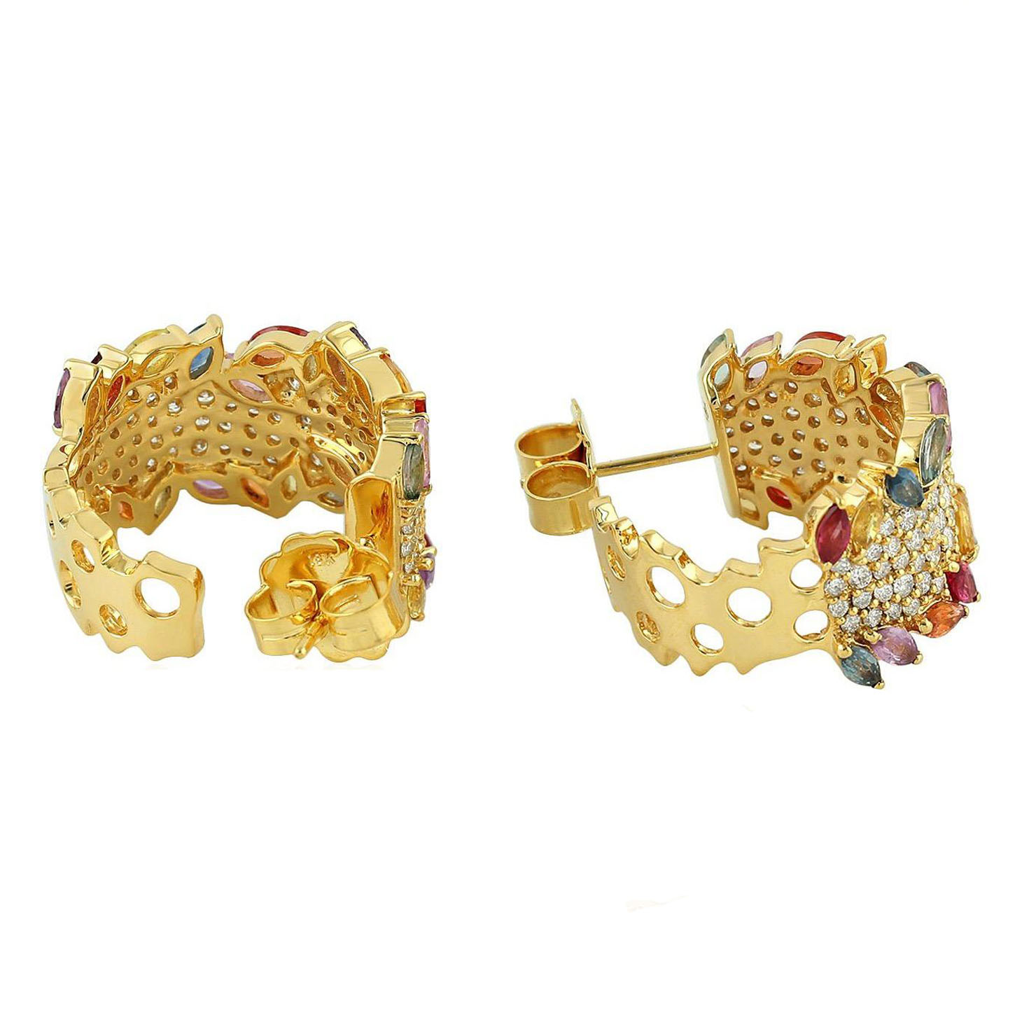 Multi-cut Rainbow Sapphire Diamond Hoop Earrings