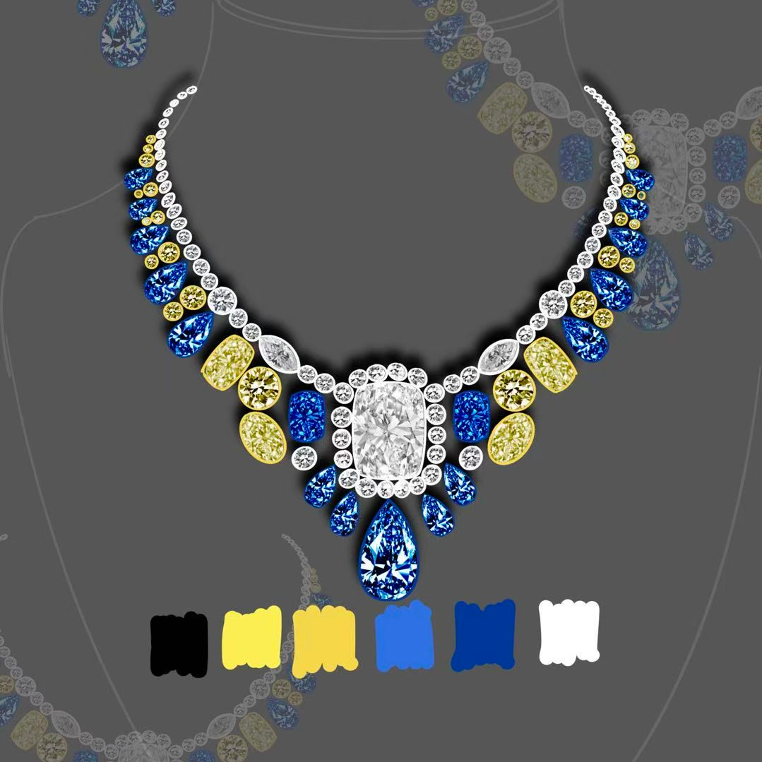 Original Design - Cushion Cut White Moissanite & Colors Sapphire Necklace