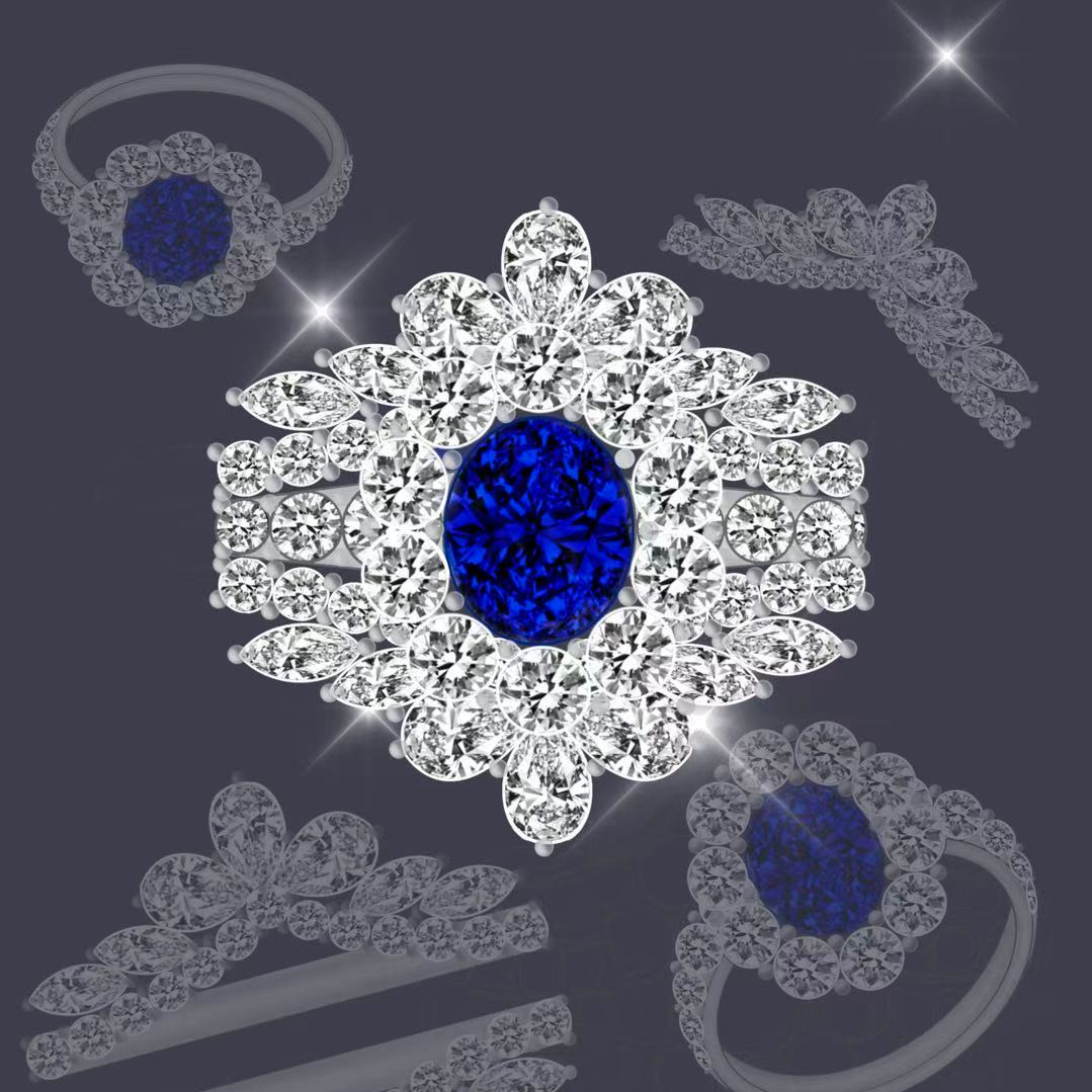 Original Design - 2ct Oval Cut Blue Sapphire & White Moissanite Wedding Set（3pcs）