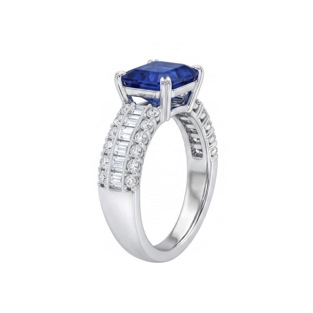 Original Design - 5ct Emerald Cut Blue Sapphire Engagement Ring