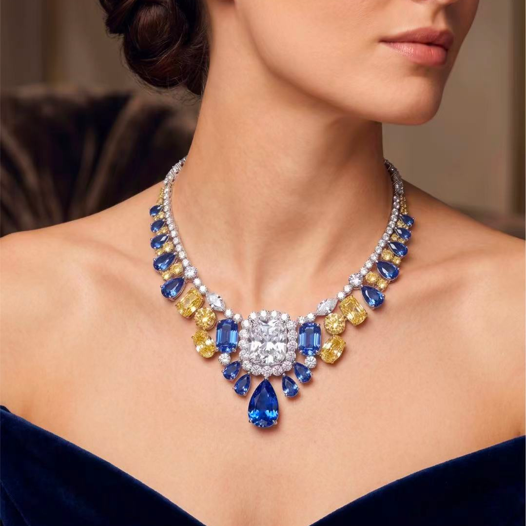 Original Design - Cushion Cut White Moissanite & Colors Sapphire Necklace