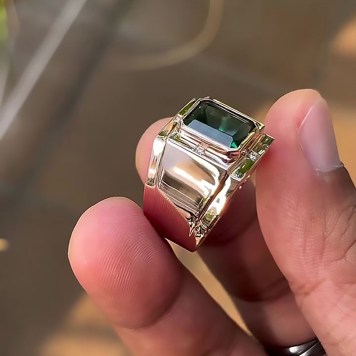 4ct Bezel Setting Emerald Cut Emerald Sapphire Men's Engagement Ring