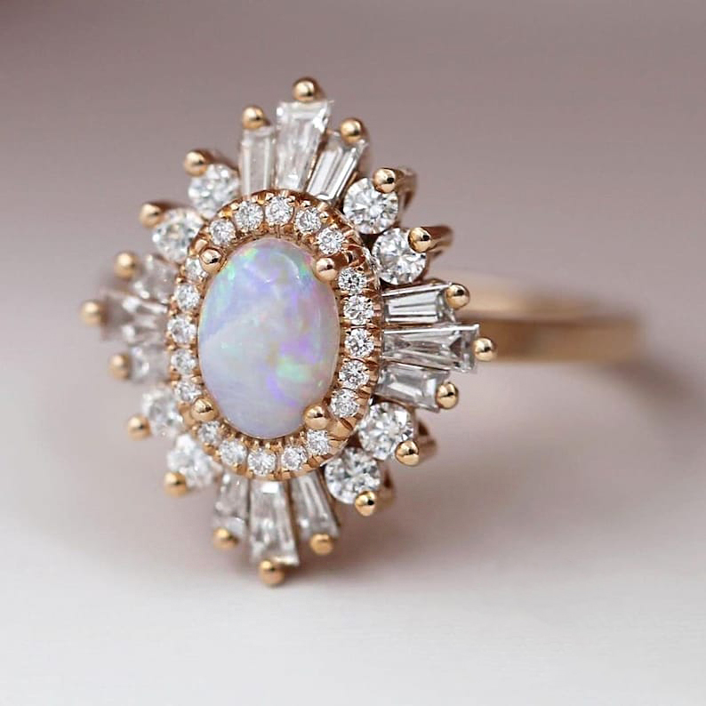 1.25ct Art Deco Oval Cut Opal Sapphire Engagement Ring