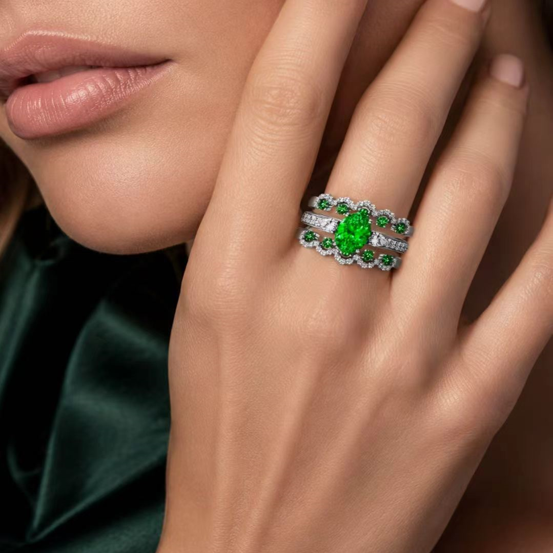 Original Design - 2ct Oval Cut Green Sapphire Wedding Set（2pcs）