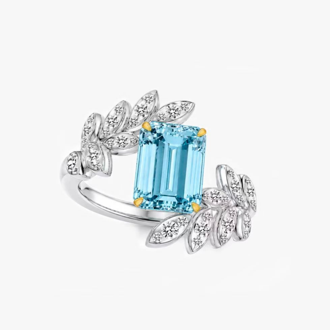 Original Design - Emerald Cut Aquamarine / Yellow Sapphire Engagement Ring (2 Colors Options)