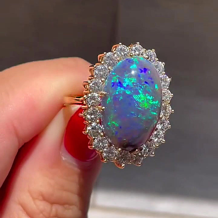 7ct Halo Oval Cut Black Opal Sapphire Engagement Ring