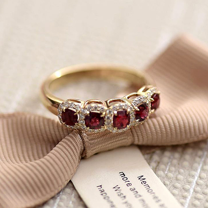 2.5ct Five-Stone Cushion Cut Ruby Sapphire Eternity Ring