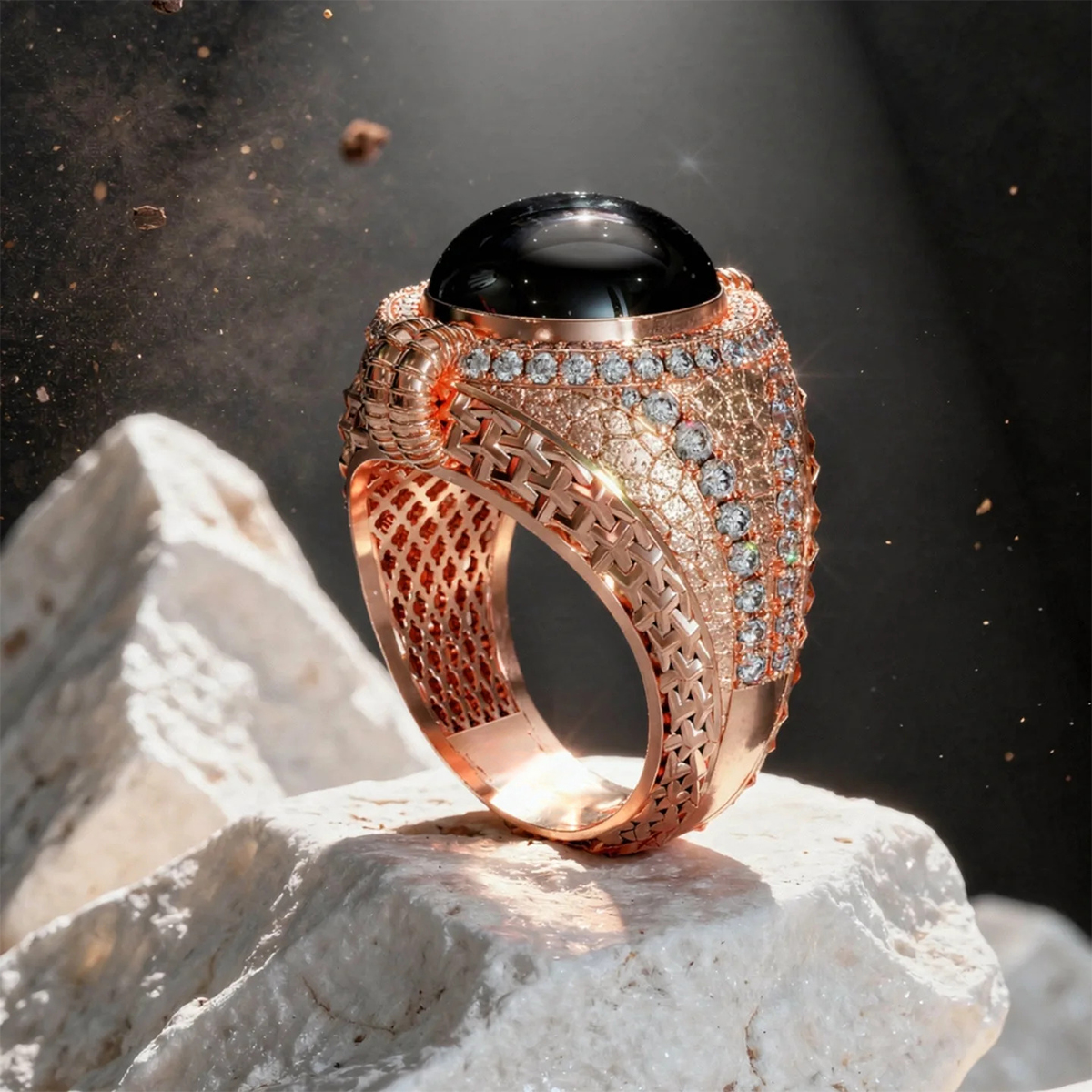 Vintage Filigree Rose Gold Black Onyx & White Sapphire Men's Ring