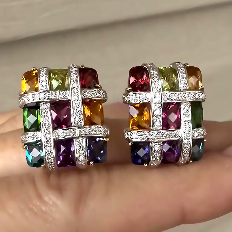 Channel Setting Rainbow Sapphire Checkerboard Stud Earrings
