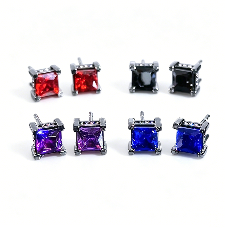 Classic Princess Cut Stud Men's Earrings (4 Color Options)