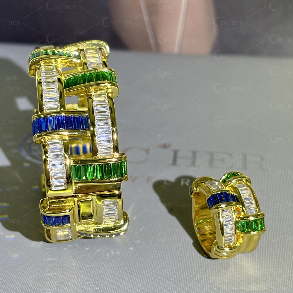 Basket Weave Design Three Tone Gems Jewelry Set/3pcs