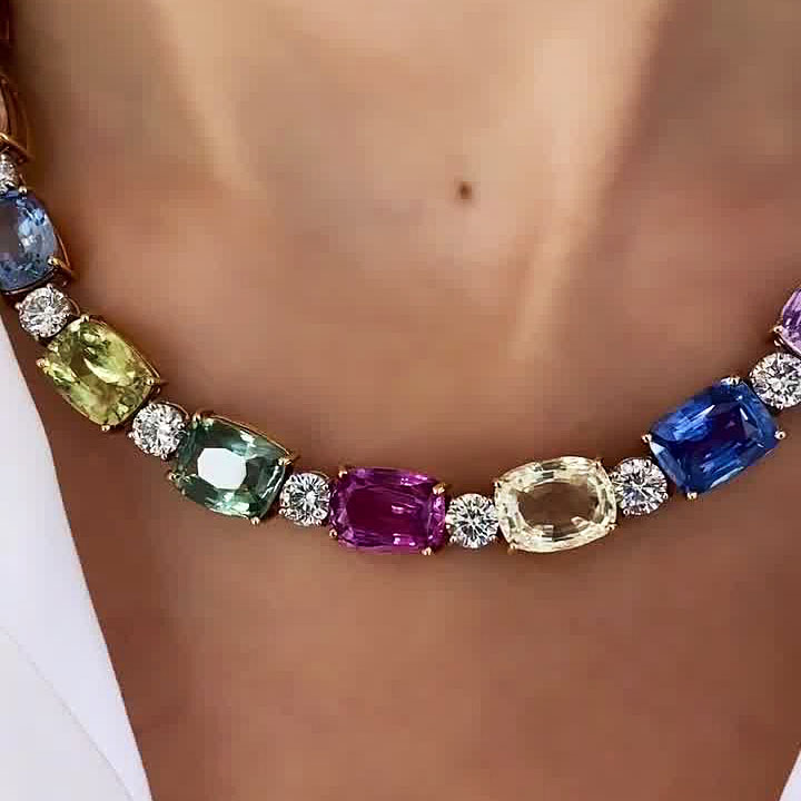 Cushion Cut Rainbow Sapphire Necklace