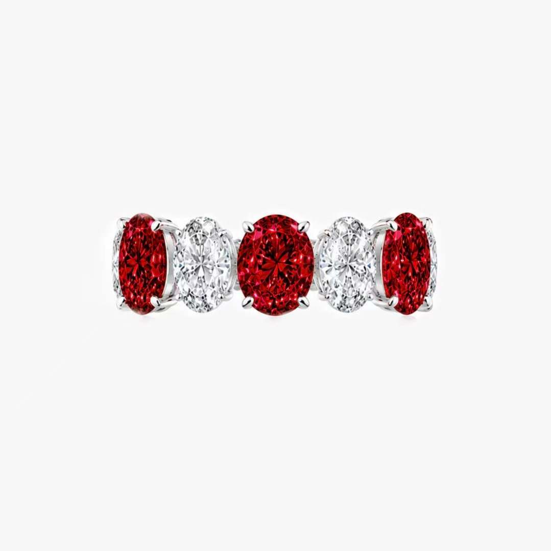 Original Design - Oval Cut Ruby Sapphire & White Moissanite Wedding Band