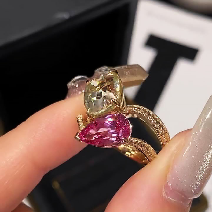 7ct Pear&Cushion Cut Pink&Yellow Sapphire Engagement Ring/2pcs