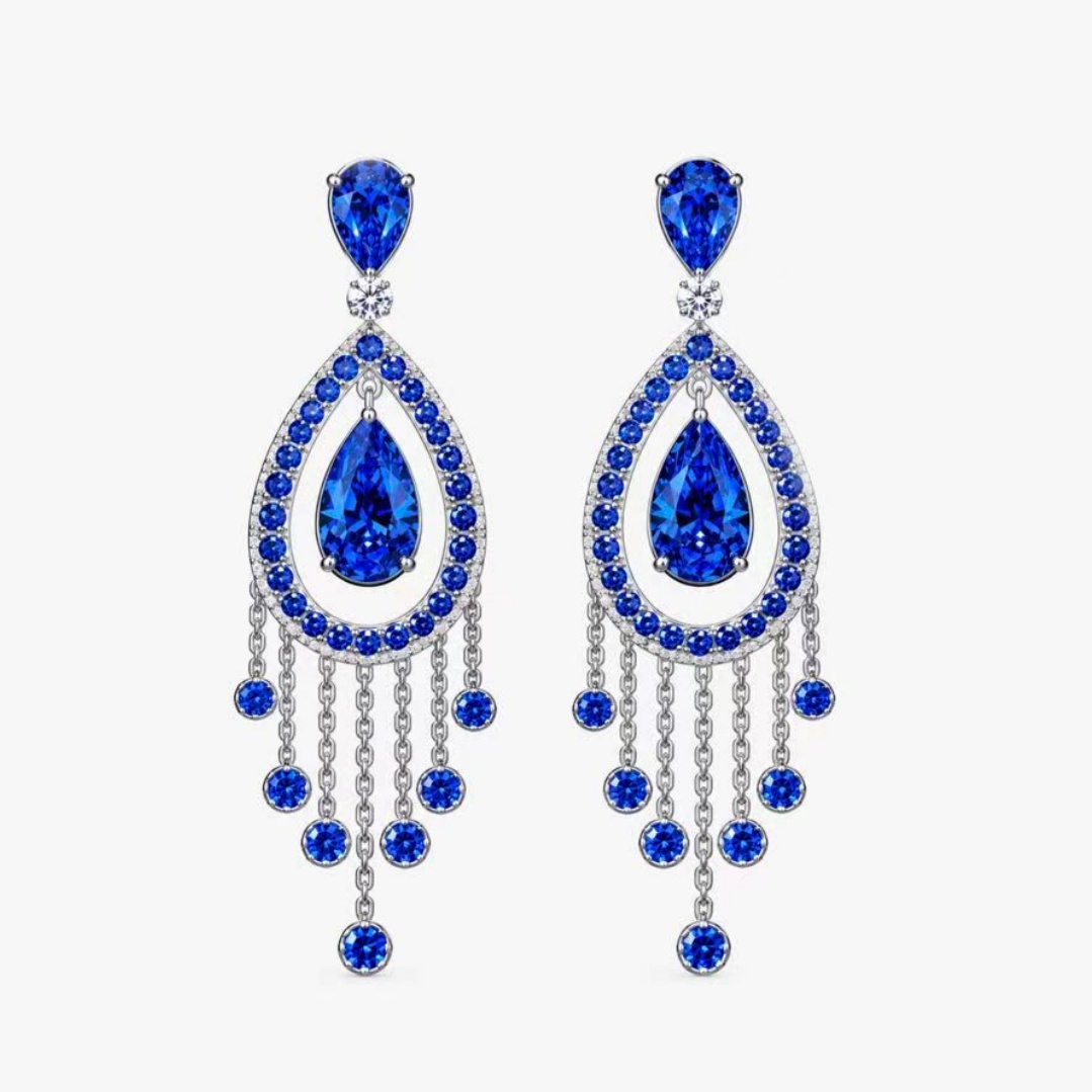 Original Design - Pear Cut Blue Sapphire Dangle Earrings - 1 Pair