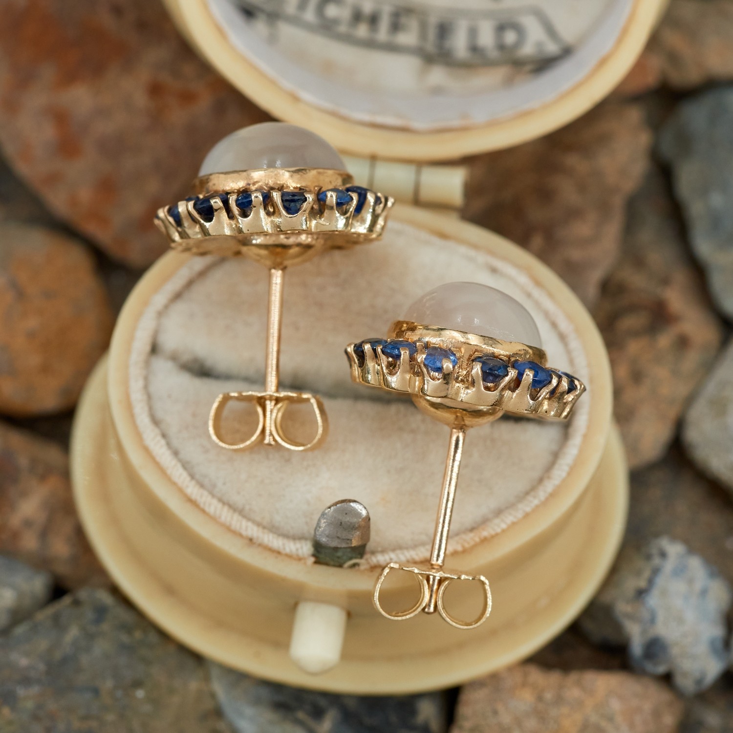 Round Cut Moon Stone Sapphire Stud Earrings