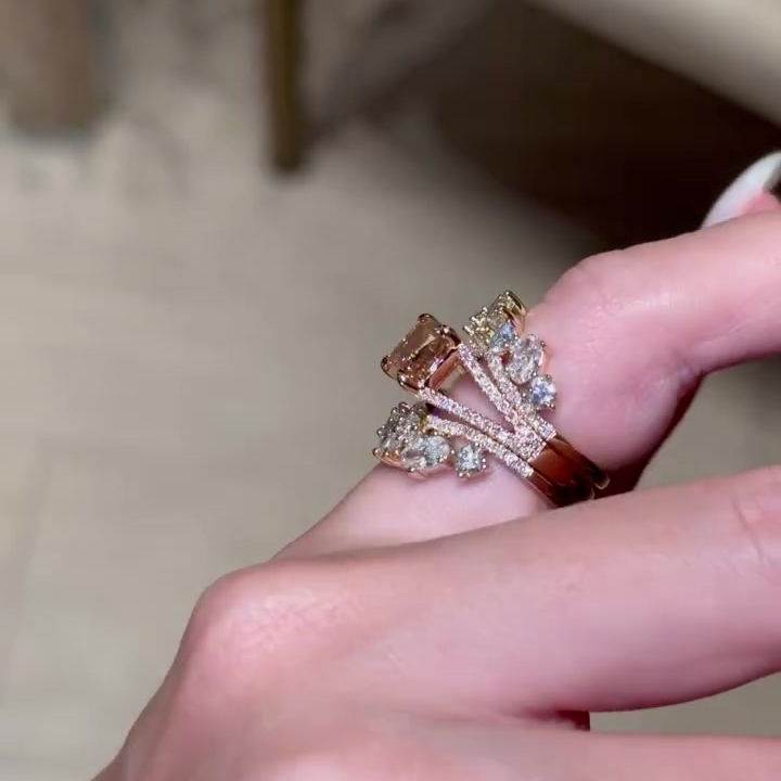 3ct Radiant Cut Peach Morganite Multi-Stone Bridal Ring Set (3-Piece Stacking Set)