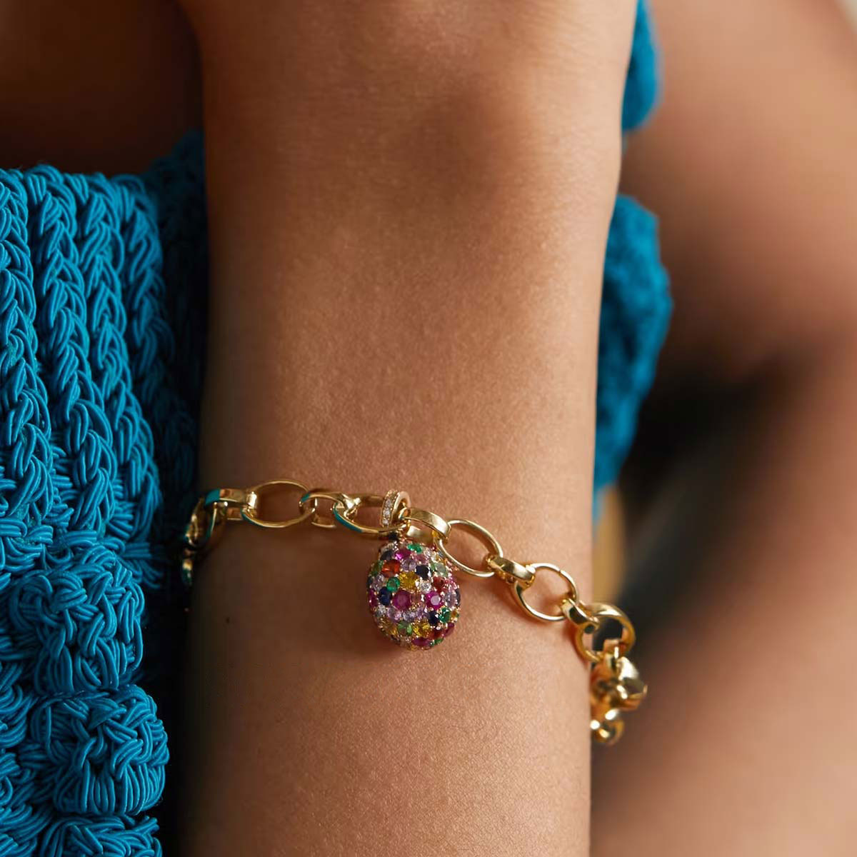 Egg Pendant Round Cut Rainbow Sapphire Chain Bracelet