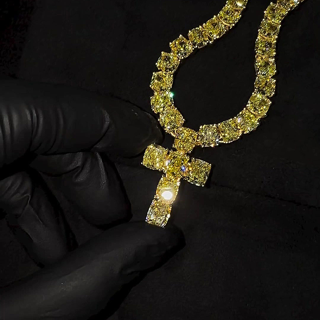 Cushion Cut Yellow Sapphire Pendant Cross Men's Necklace