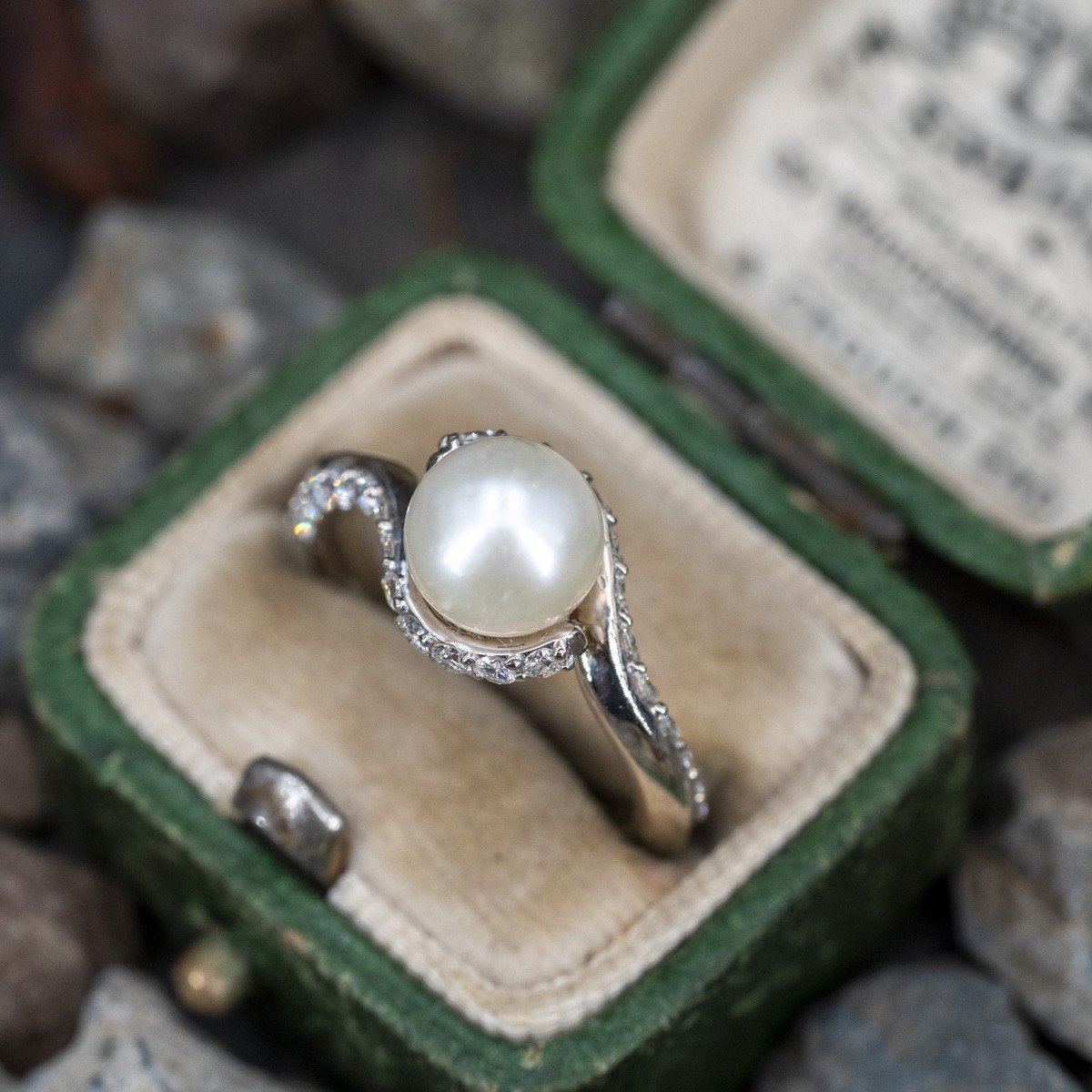 9mm Pearl Round Cut White Sapphire Engagement Ring