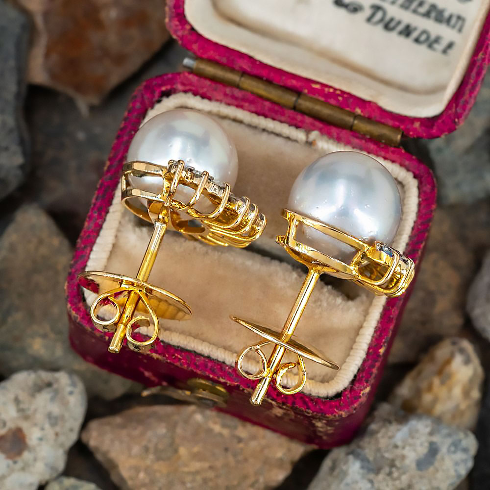 10MM Pearl&Diamond Sapphire Stud Earrings