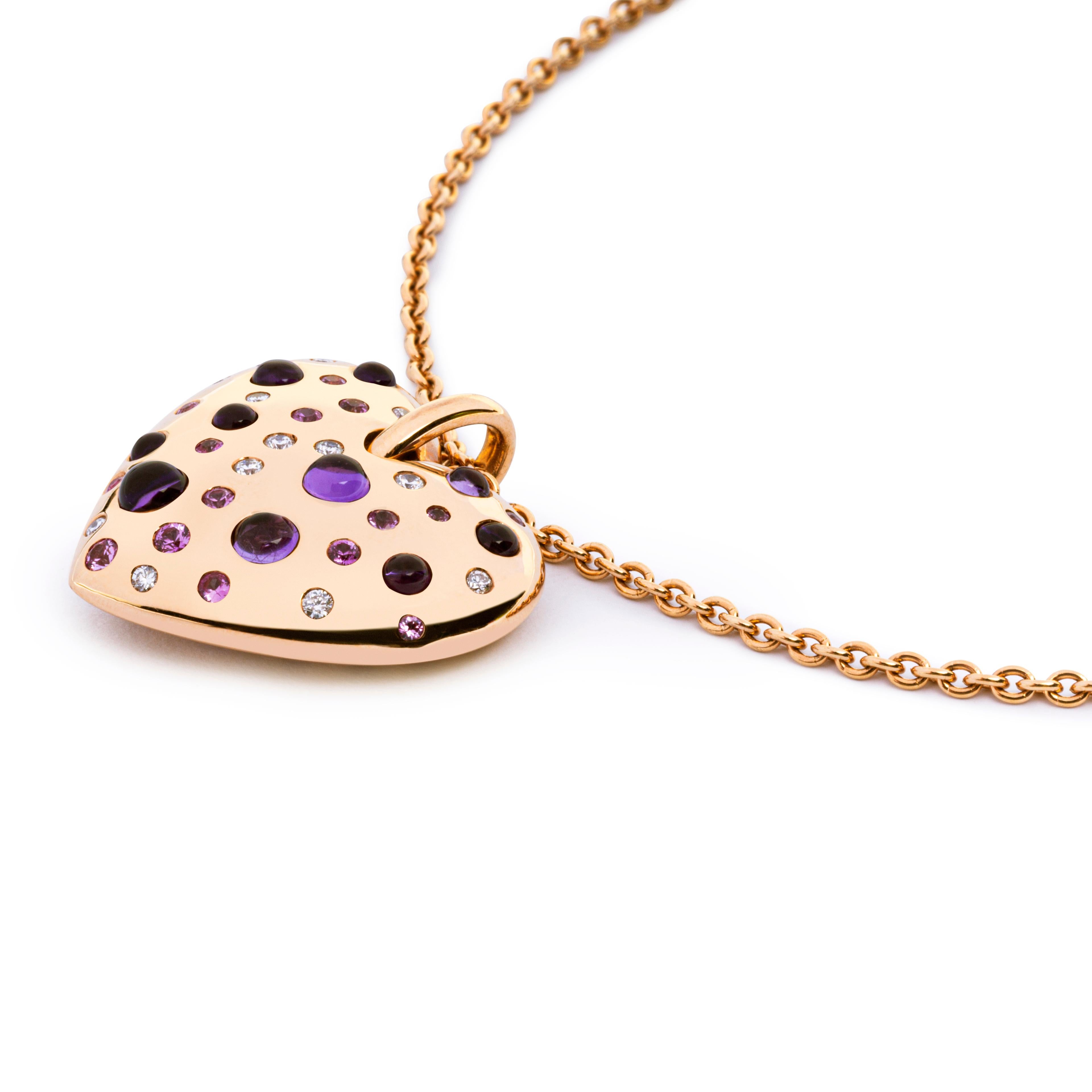 Pink&Amethyst&Diamond Heart Pendant Necklace