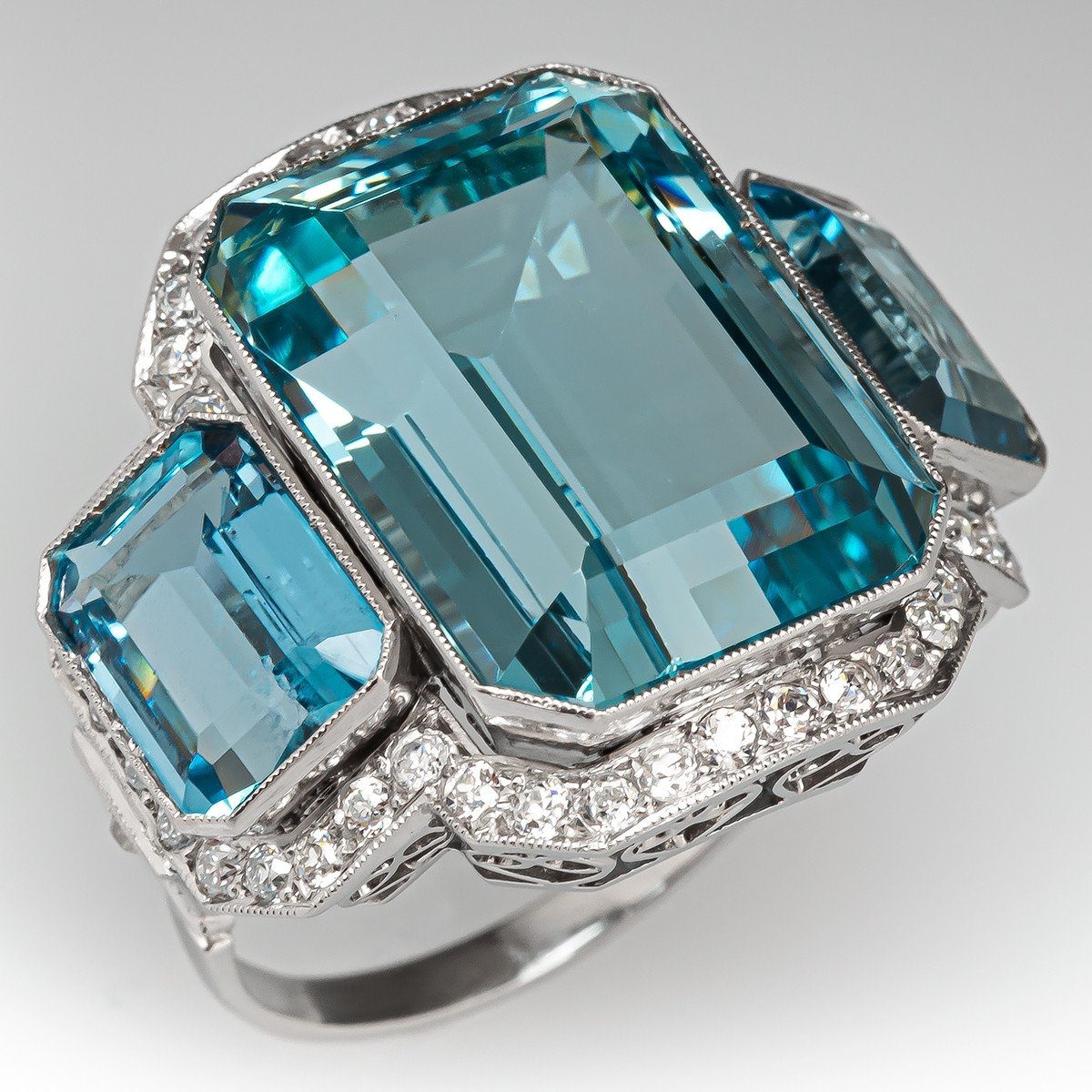 7ct Three-Stone Emerald Cut Aquamarine Cocktail Ring