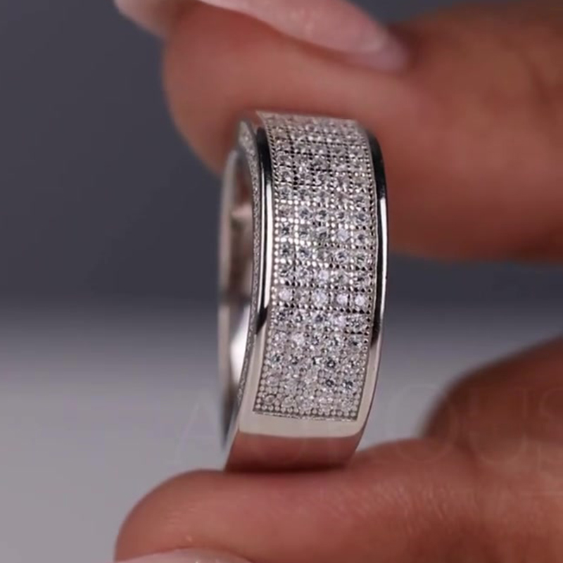 Pave Setting 1.3ct Round Cut White Sapphire Men's Wedding Band