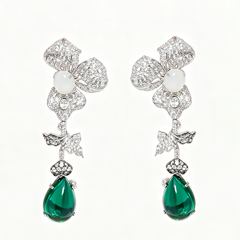 Pear Cut Emerald Sapphire & Opal Orchid Detachable Drop Earrings