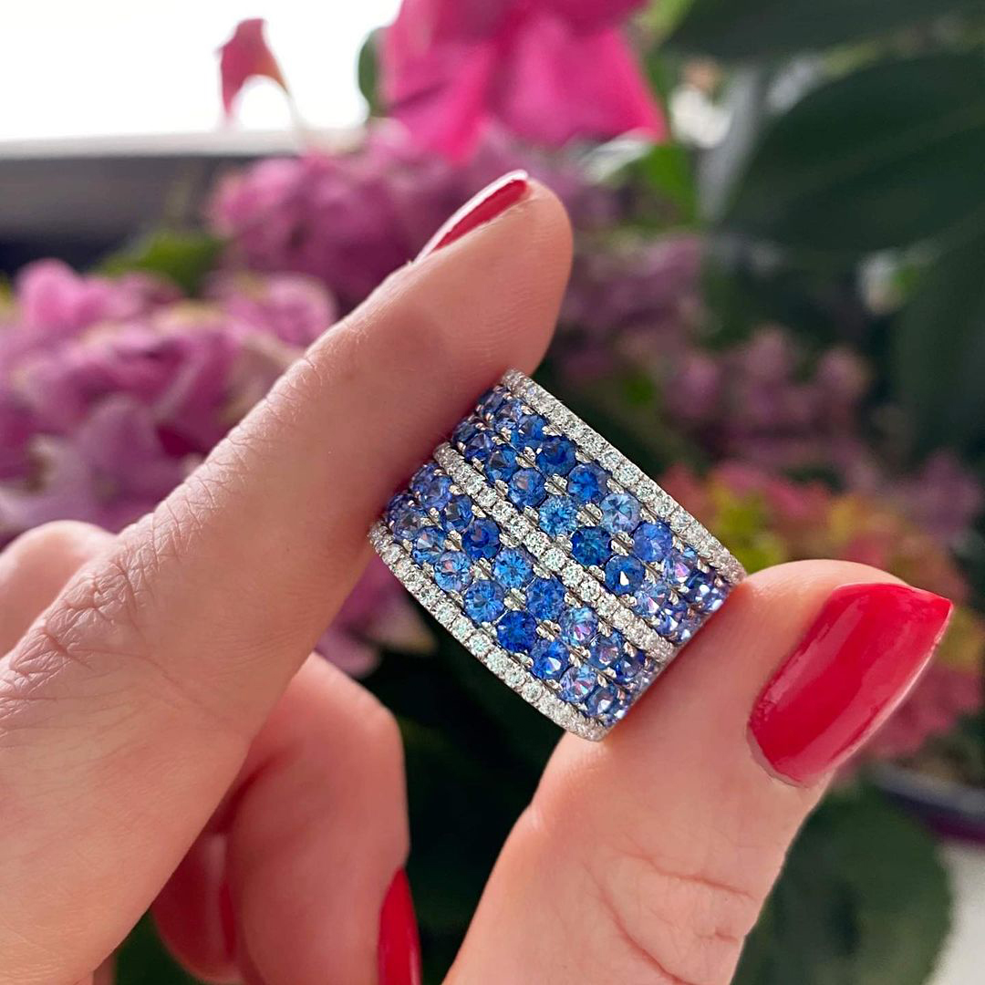 9.75ct Round Cut Blue Sapphire Eternity Ring