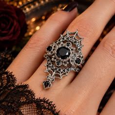 Statement Gothic Punk Round Cut Black Sapphire Spider Web Wedding Set/3pcs