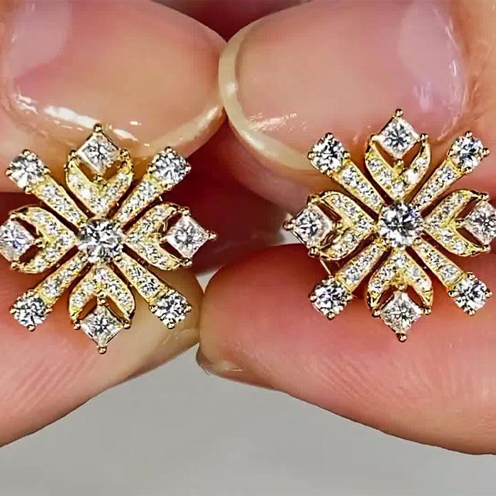 Snowflake Design Round&Princess Cut Stud Earrings