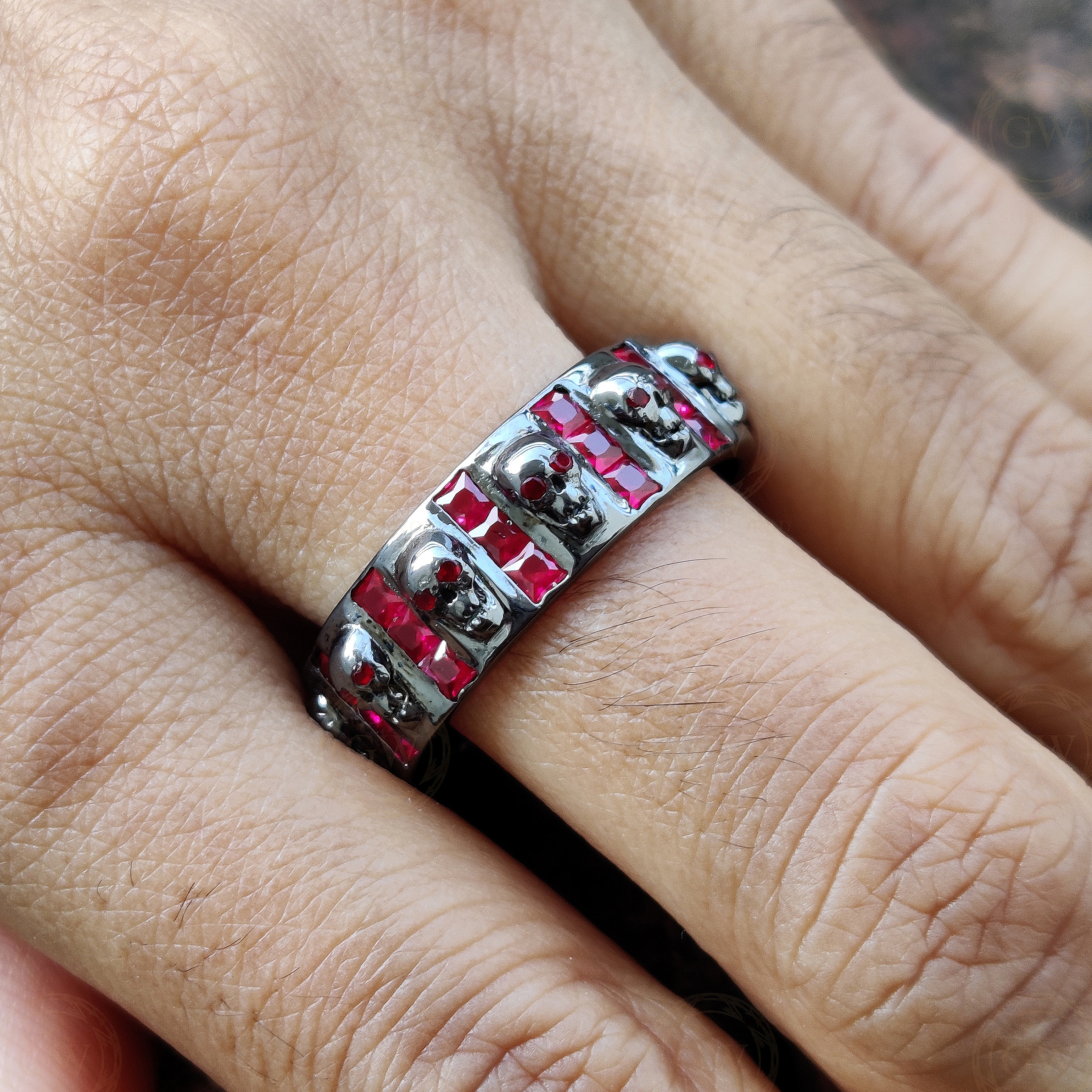 8mm Wide Unique Gothic Skull Sterling Silver Ring