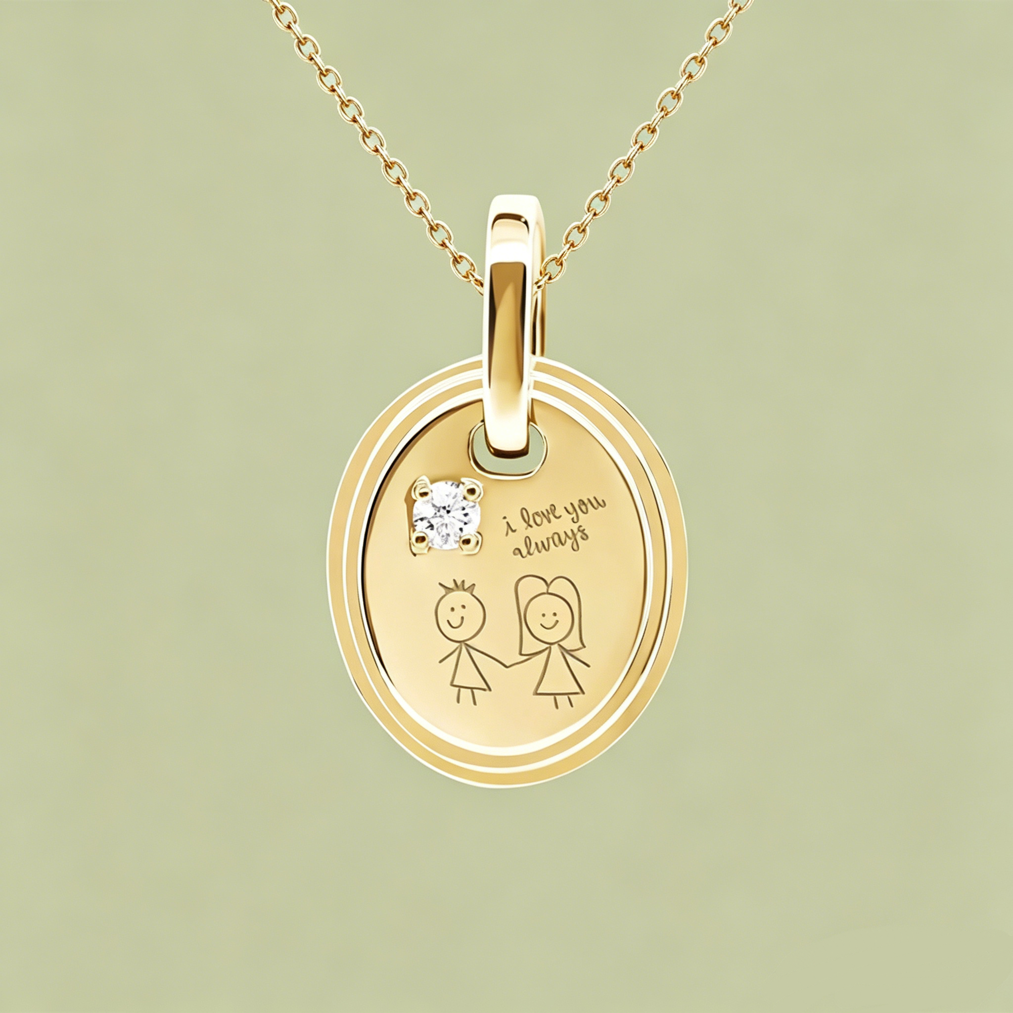 Engraved Oval Charm Necklace with 5 Unique Designs (Diamond Accent)