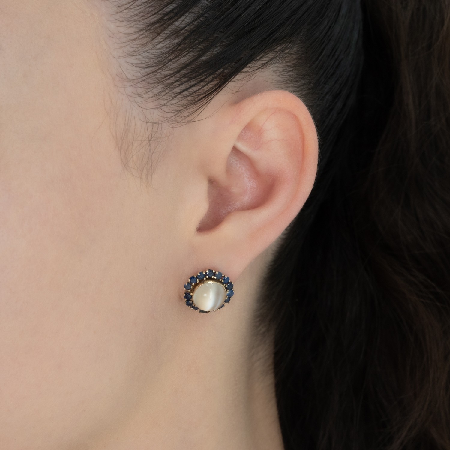 Round Cut Moon Stone Sapphire Stud Earrings