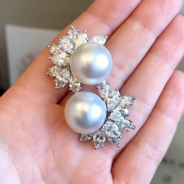 Marquise Cut White Sapphire Pearl Earrings