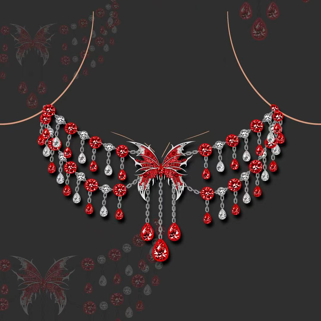 Original Design -  Gothic Pear Cut Ruby Sapphire Butterfly Necklace