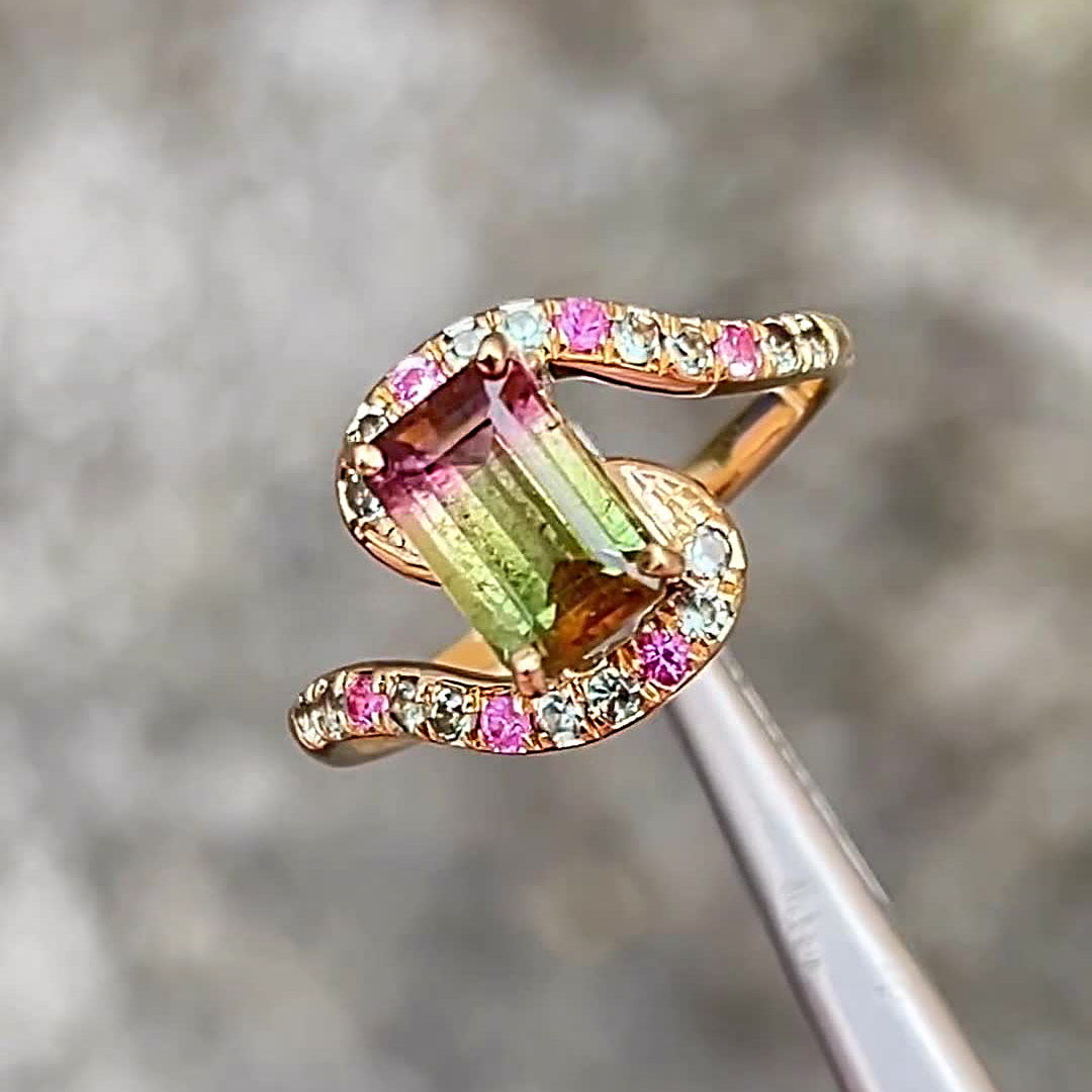 4ct Emerald Cut Watermelon Tourmaline Sapphire Ring