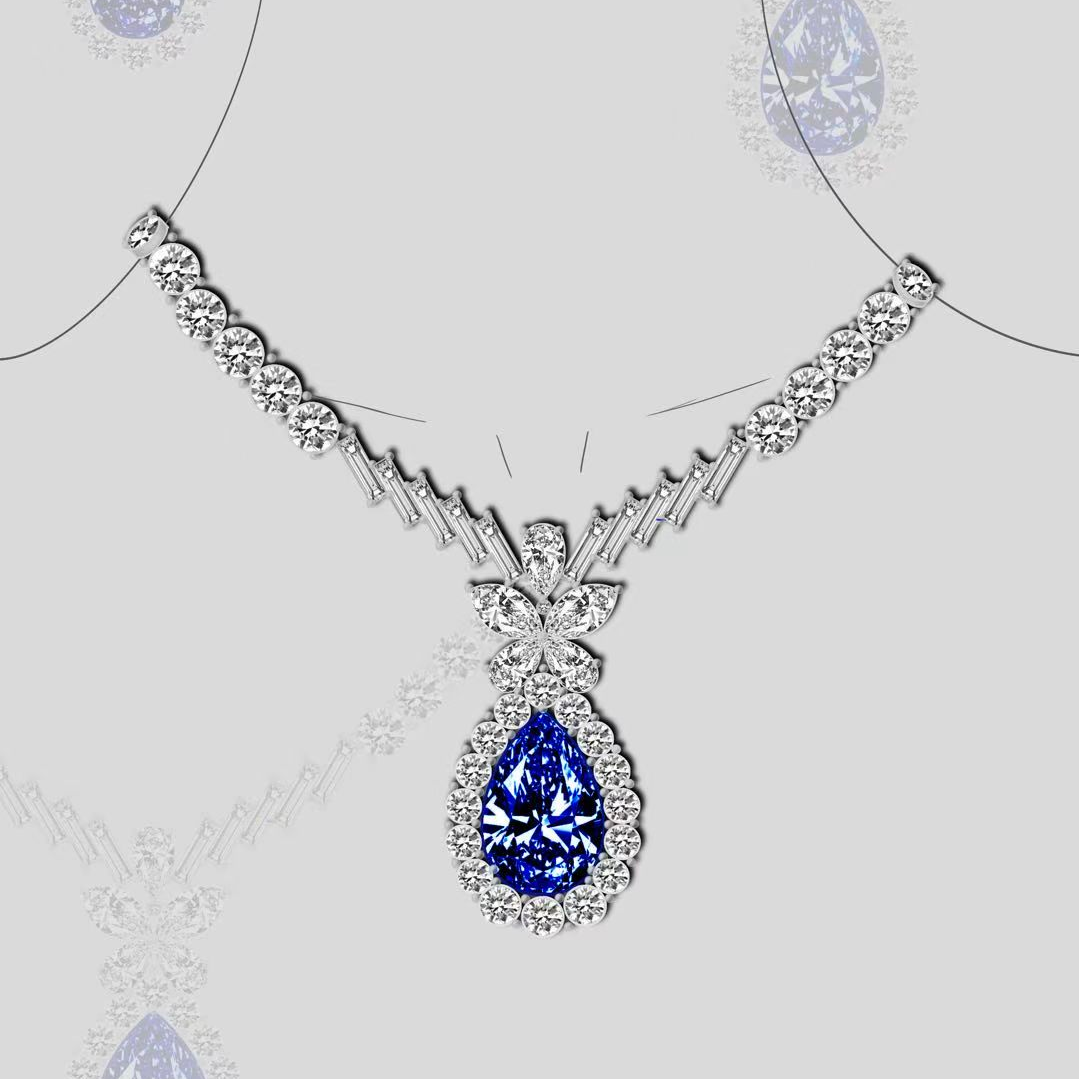 Original Design - Luxury Pear Cut Blue Sapphire & White Moissonite Necklace