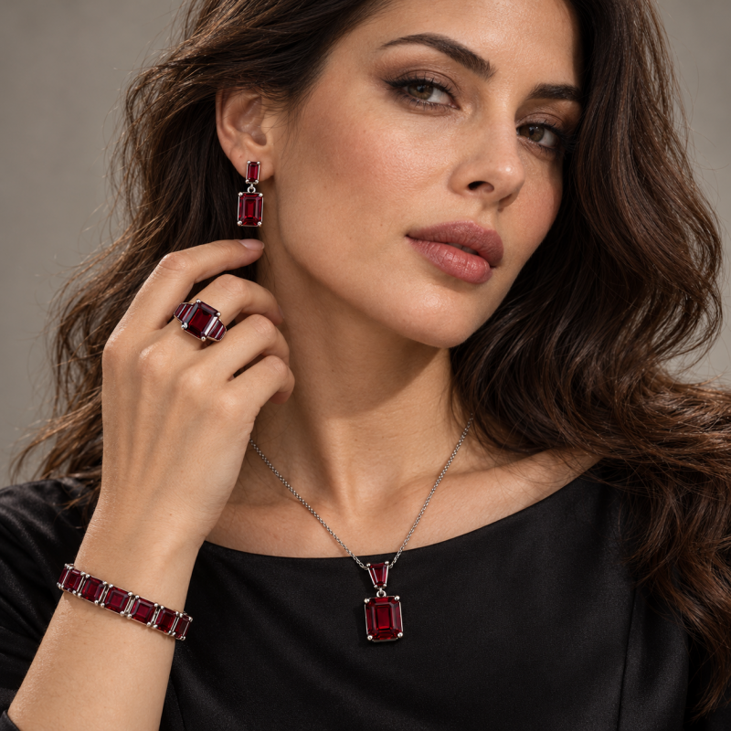 Emerald Cut Garnet Sapphire Jewelry Set / 4pcs