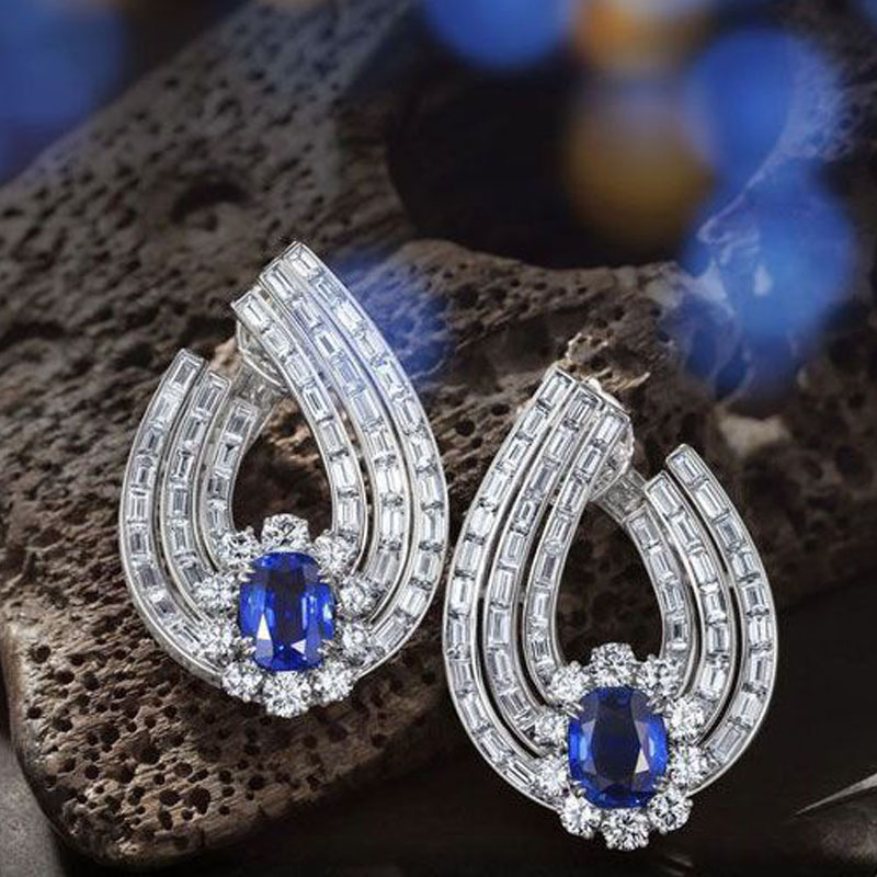 Halo Cushion Cut Blue Sapphire Hoop Earrings