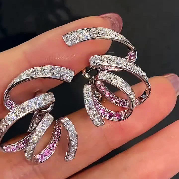 Round Cut White&Pink Sapphire Swirl Ruban Design Earrings