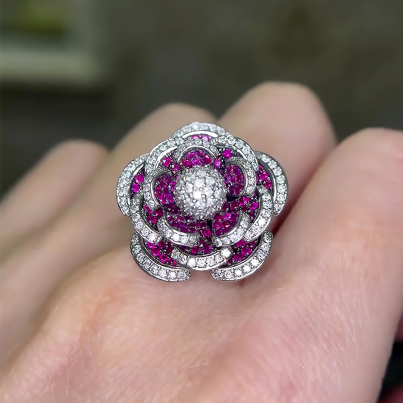 6.35ct Floral Design White&Amethyst Sapphire Cocktail Ring