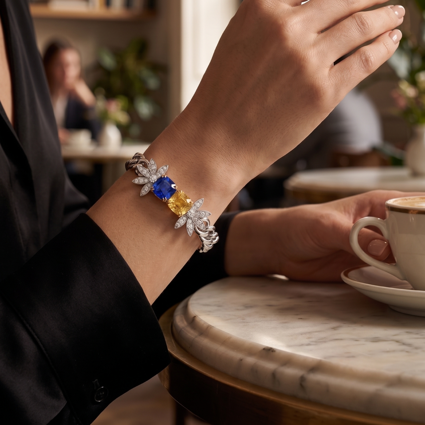 Original Design -  Cushion Cut Double-stone Blue Sapphire Floral Bracelet