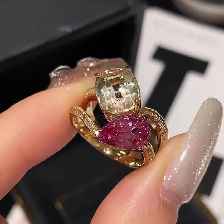 7ct Pear&Cushion Cut Pink&Yellow Sapphire Engagement Ring/2pcs
