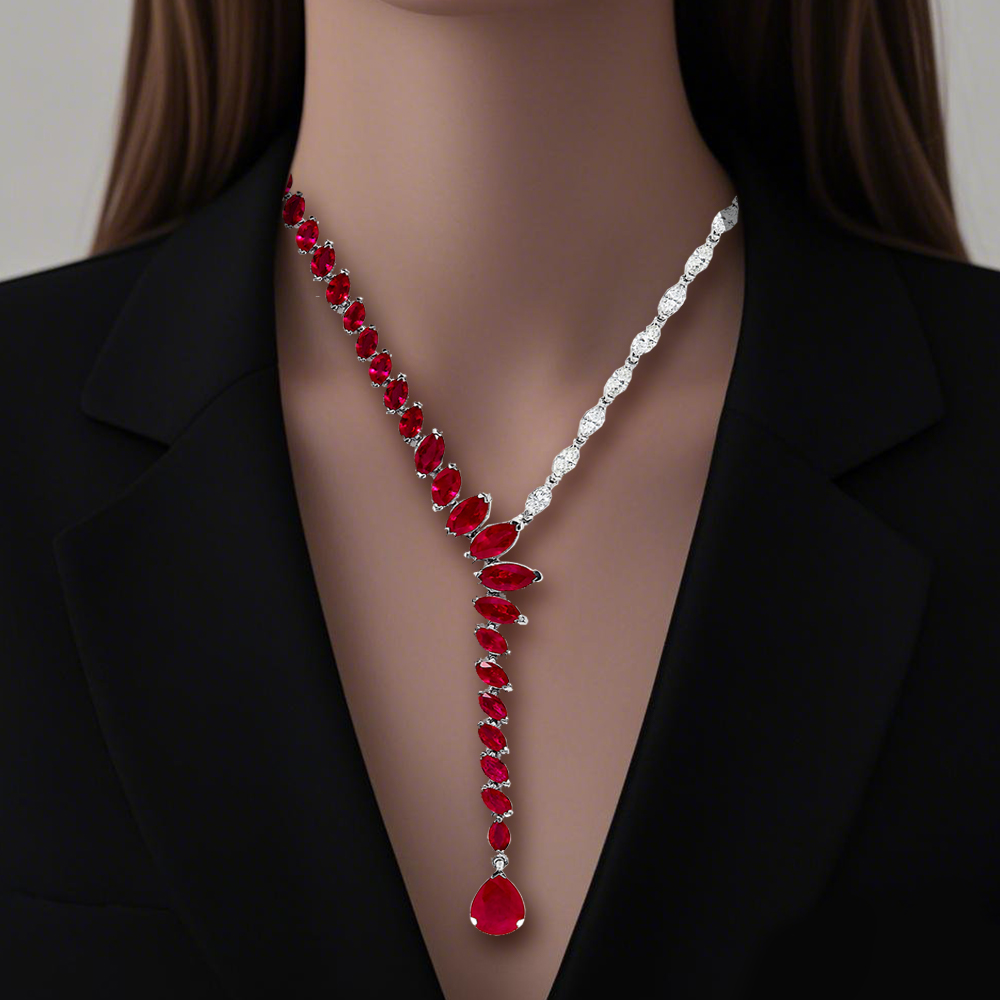 Pearl cut Irregular design Ruby&White Sapphire Pendant Necklace