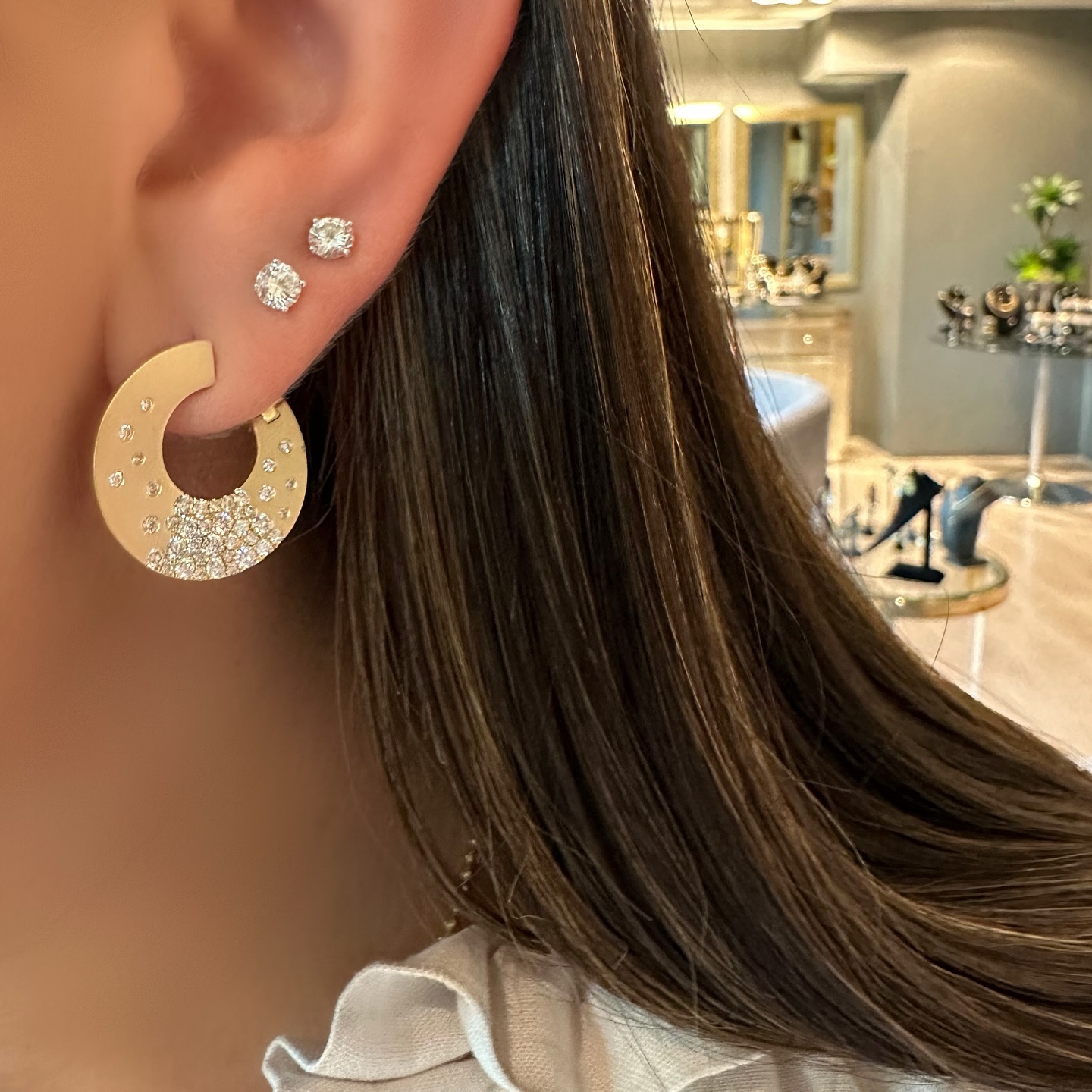 Round Cut White Sapphire Scattered Diamond Hoop Earrings